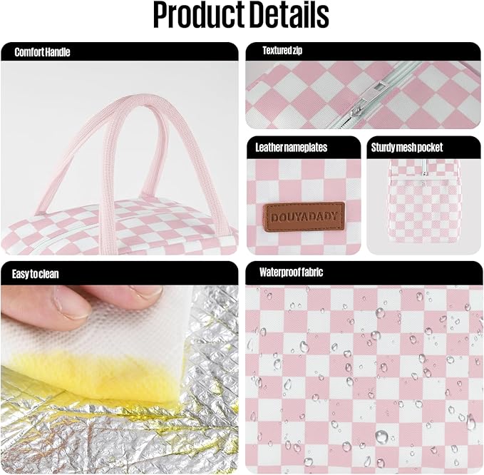 douyadady Lunch Bag Women/Men Lunch Box Women/Men (Pink+White Checkerboard)