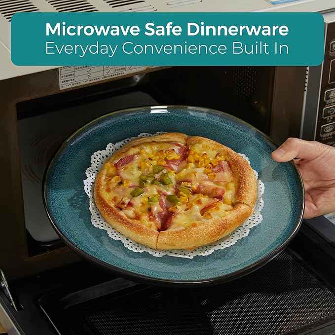 32 Piece Dinnerware Set for 8 with Pasta Bowls, Green Black Reactive Glaze Stoneware | All‑in‑One Host Set for Entertaining, Holiday Meals, Multi‑Course Dinners | Unique Irregular Coastal Look