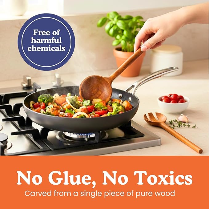 Non-Toxic Wooden Spoons for Cooking– 7-Piece Kitchen Utensils Set, Glue-Free & One-Piece Cooking Utensils, Natural Wooden Utensil Set with Plant-Based Finish, Free of Forever Chemicals