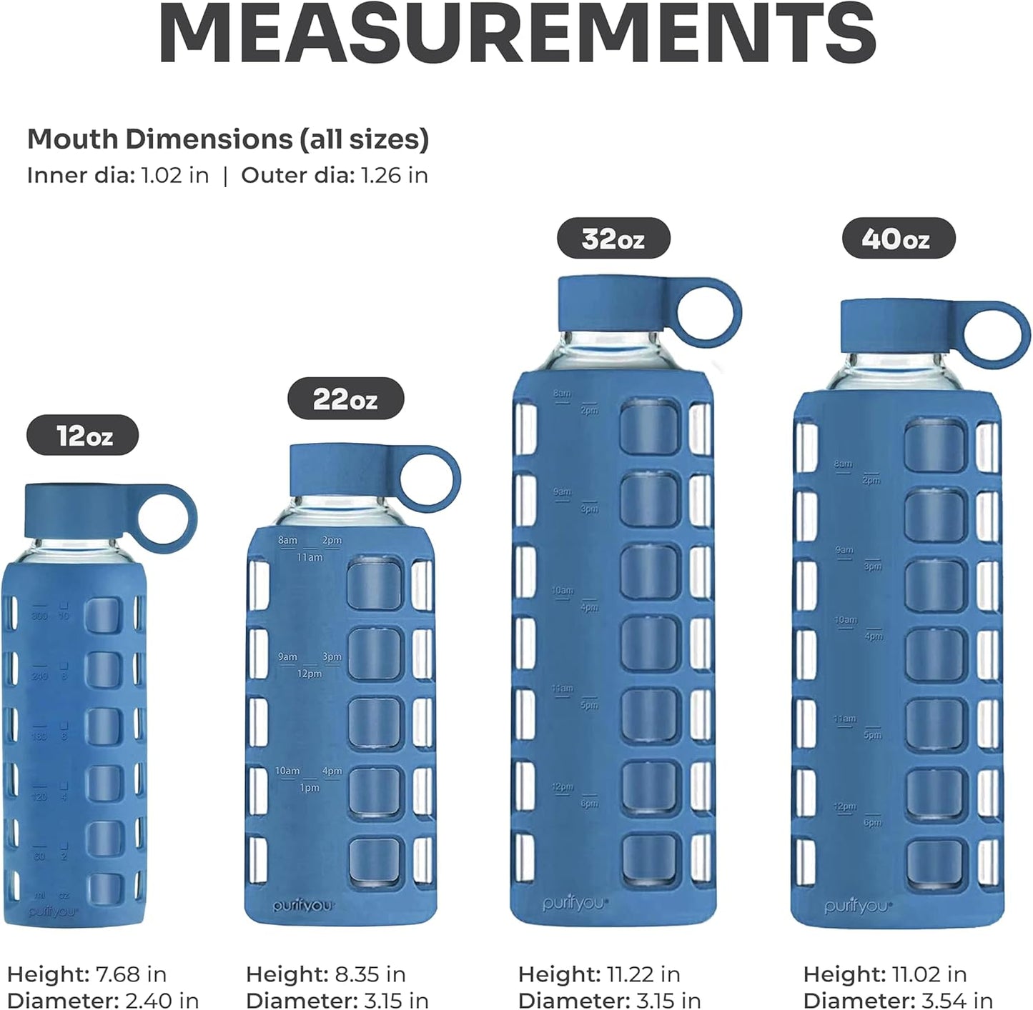 purifyou 40oz / 32oz / 22oz / 12oz Borosilicate Glass Water Bottle with Time & Volume Markers, Silicone Sleeve, Stainless Steel Lid – Reusable Glass Bottle for Water & Juice (22oz Chinese Porcelain)