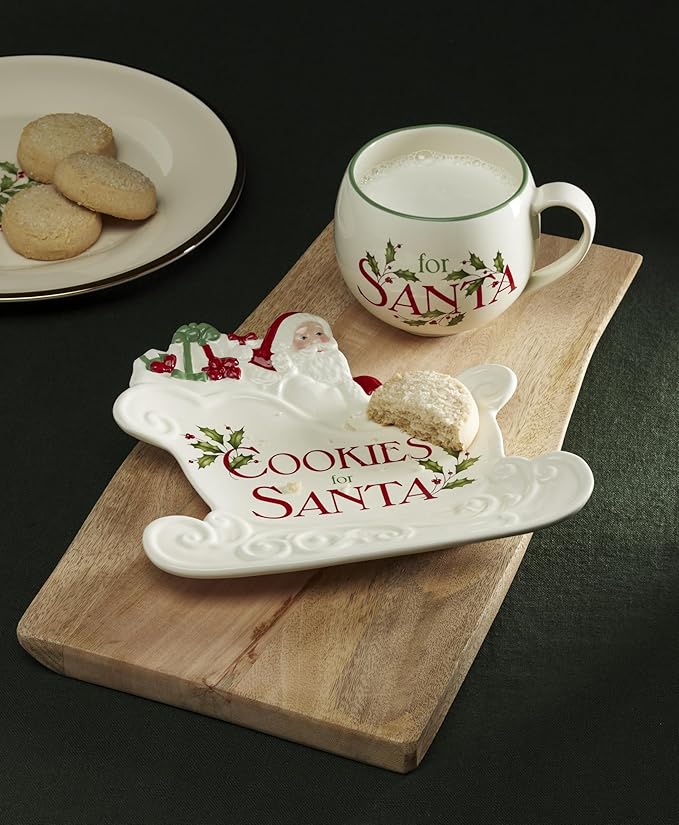 Lenox Serveware, Holiday Cookies & Milk for Santa 2-Piece Set, Service for 1, 11 Oz Cup, Porcelain, Dishwasher Safe, Christmas Cookie Plate & Coffee Mug, Christmas Decor, Santa Sleigh Design (2 Piece)