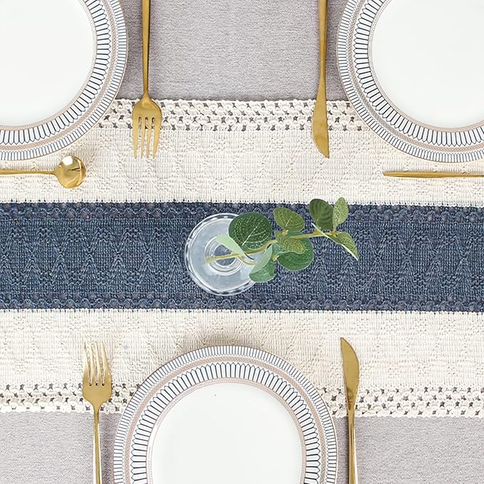 FEXIA Boho Table Runner 108 Inches Long for Home Decor Farmhouse Table Runner Cream & Blue Rustic Macrame with Tassels for Bohemian Dining Bedroom Decor Bridal Shower (12x108 Inches)