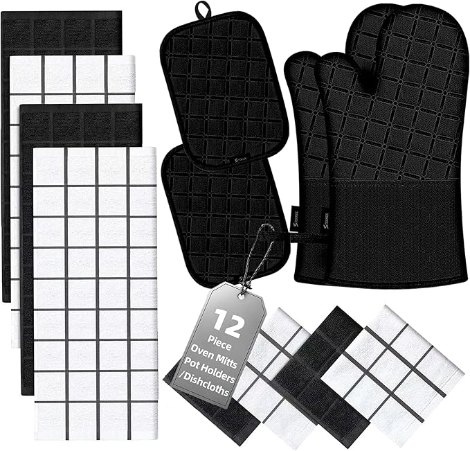 Oven Mitts Kitchen Towels and Dishcloths Pot Holders Sets, Oven Gloves Kitchen Dish Towels 500 Degree Heat Resistant Potholders with Non-Slip Silicone Surface for Cooking, Grilling, Baking-Black