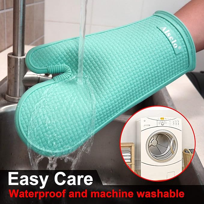 Alselo Oven Mitts Heat Resistant Silicone Kitchen Gloves for 550 Degrees with Waterproof and Non-Silp, Set of 2 Oven Gloves for Baking Cooking Barbecue Microwave Machine Washable (Blue, 2)