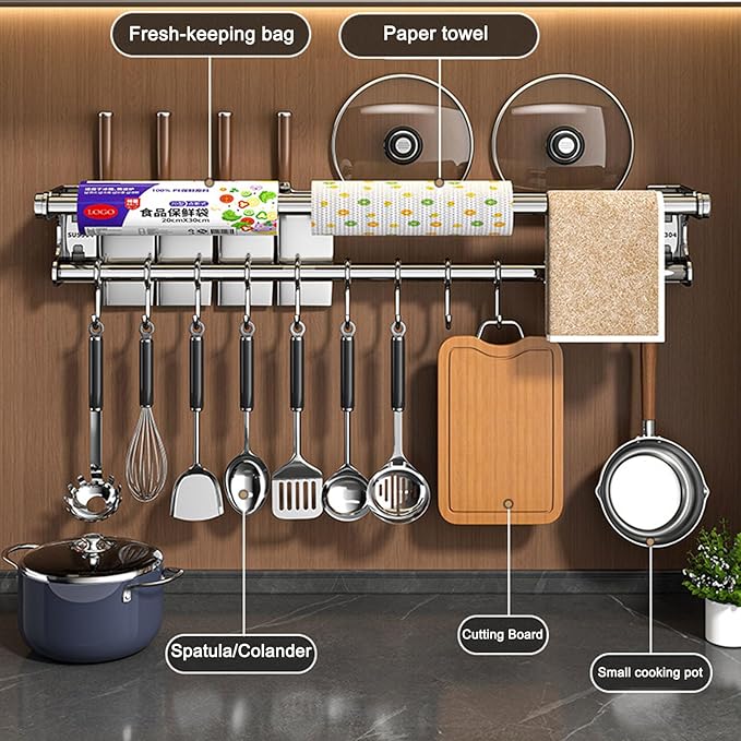 Hanging Wall Mount Knife Wall Mount,Kitchen Utensil Hanger,Space-Saving Kitchen Utensil Rack with Hooks,Kitchen Storage Shelf for Utensils Spatula Spoon, Easy to Clean (Grey, 50CM+10Hook)