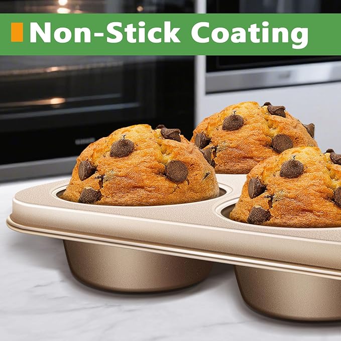 Kevenal Jumbo-Muffin-Pan - Nonstick 6-Cup Large Cupcake Pan, Heavy Duty Giant Muffin Baking Pan for Cupcakes, Oven Safe & Easy to Clean (Large Cup Size, 3.5 x 1.5in)