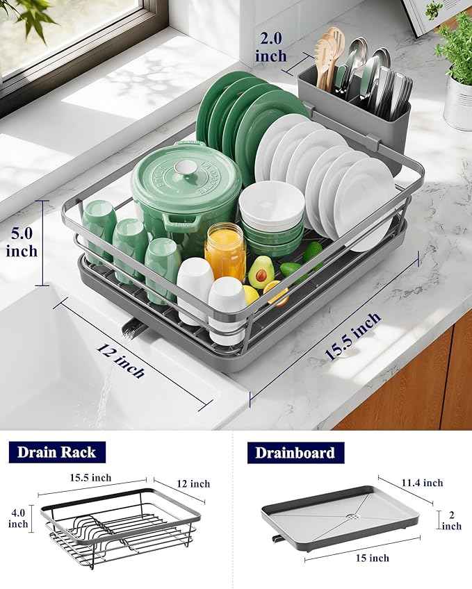Kitsure Dish Drying Rack for Kitchen Counter, Stainless Steel Sink Organization and Storage Essentials with Cutlery Holder, Home and Appartment Decor, 12''W x 15.5''L, Grey