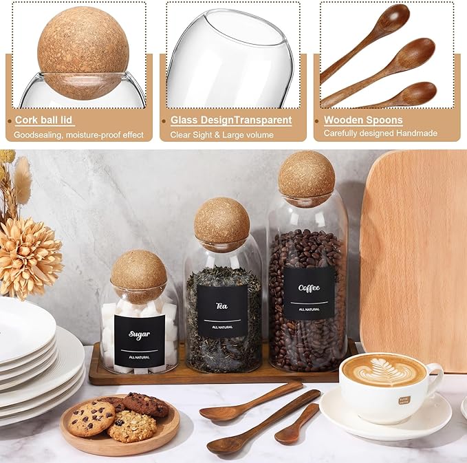 Suclain 3 Pcs Glass Coffee Storage Jar with Ball Cork Lid Wooden Spoon Shelf Labels Airtight Round Bottle Jar Food Storage Canister Set for Sugar Spice Coffee Bean Holder Candy Gift(17, 27, 41 oz)
