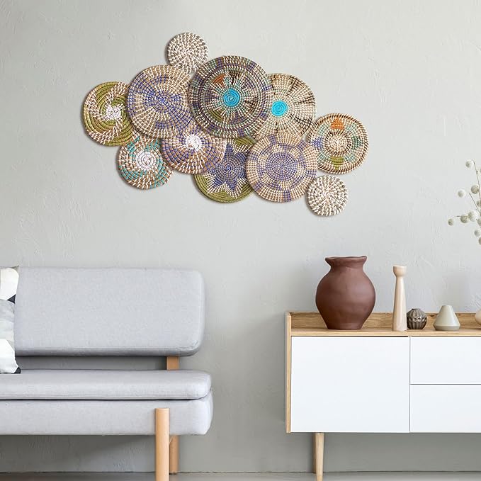 Tatuo 11 Pcs Boho Wall Basket Decor Bulrush Woven Wall Hanging Art Round Farmhouse Rustic Handmade Wicker for Summer Home, Bedroom, Living Room, Kitchen Decorations, Multi Sizes(Multicolour)