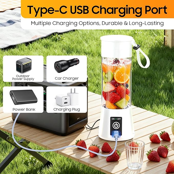 Cordless Portable Personal Size Blender - Mini Blender Make Smoothies and Shakes, 380Ml BPA Free Travel Cup, Powerful Blending Suit in Office/Home/Gym