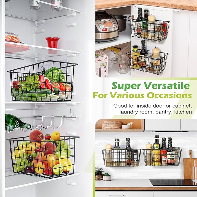 ZUSHALLMY 2 Pack Hanging Kitchen Baskets, Adhesive Wire Wall Storage Basket, No Drilling Hanging Fruit Baskets, Cabinet Door Organizer for Kitchen Bathroom Pantry, Upgrade Super-sized Adhesive