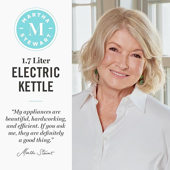 Martha Stewart Electric Kettle with Removable Stainless Steel Tea Infuser, Glass Carafe 1.7L (7 Cups), Hot Water Boiler, 4 Presets, Keep Warm & Auto Shut-Off, Cordless 360° Swivel Base, Sky Blue