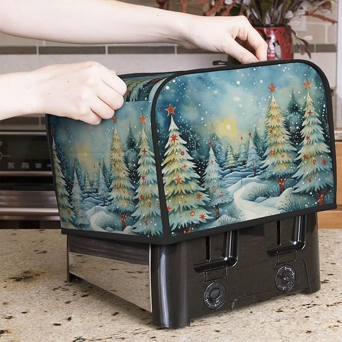 Toaster Cover 4 Slice Christmas Tree Watercolor Winter Forest Kitchen Small Appliance Covers with Pockets Dust and Fingerprint Protection