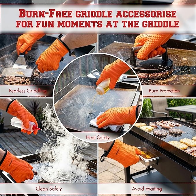 KITCHEN PERFECTION XL Silicone Oven & Griddle Gloves -Extreme Heat Resistant BBQ & Grilling Gloves -Handle Hot Food Right on Your Griddle |Waterproof Oven Mitts Grill Gloves |Superior Set+3 Bonuses