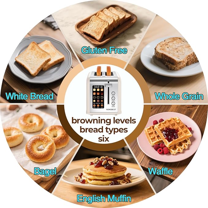 2 Slice Touch Screen Toaster Stainless Steel Digital Touchscreen with Wide Slots, Reheat & Defrost, Even Toasting for Bagel & Bread, Easy Removable Crumb Tray, Cream Color