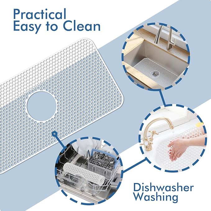 Bestjing Silicone Sink Protectors for Kitchen Sink - 26"x 14" Kitchen Protector Accessory, Non-Slip Heat Resistan Mat for Bottom of Farmhouse Stainless Steel Porcelain (Center Drain Hole,White)