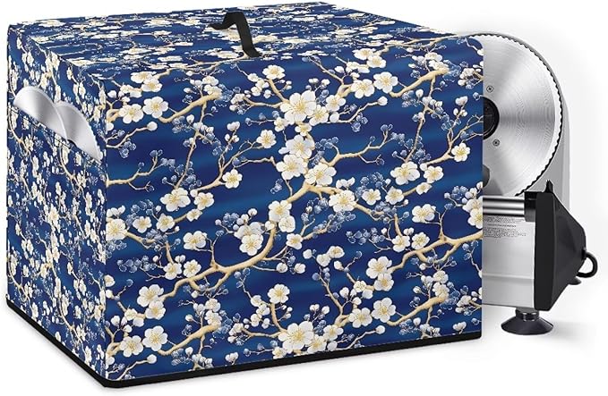 White Cherry Blossom Print Meat Slicer Cover Large Deli Food Slicer Machine Dust Cover Waterproof Dust-Proof Durable Cheese Bread Cutter Cover for Home Kitchen Decoration Accessories