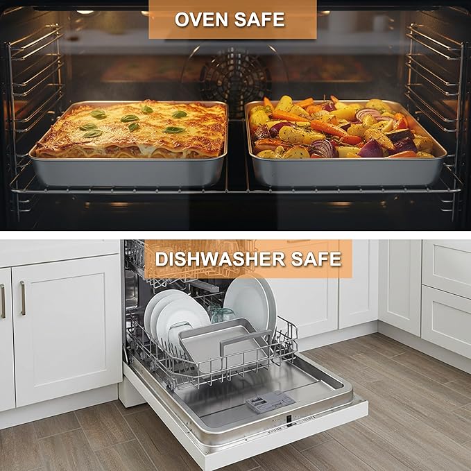 E-far Small Baking Pan with Lid, 9.4”x 7” x 2” Stainless Steel Rectangle Sheet Cake Pans for Toaster Oven, Metal Covered Bakeware for Cakes Brownies Casseroles, Non-toxic & Dishwasher Safe - Set of 2