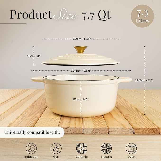 Nuovva Enamelled Cast Iron Dutch Oven Pot with Lid 7.3 Quart Non Stick Casserole Pot – Heavy Duty & Oven Safe up to 500° F for Bread Baking, Braising, Stews, Roasting – 30cm Cream
