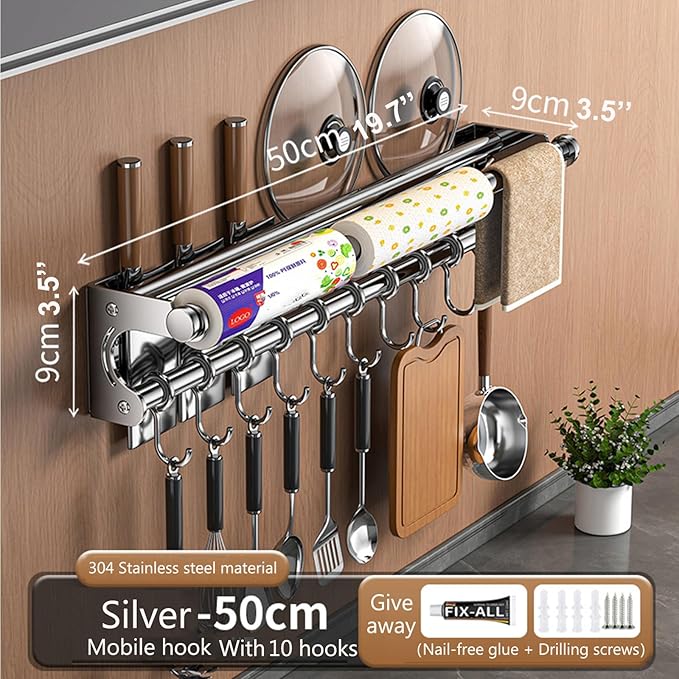 Hanging Wall Mount Knife Wall Mount,Kitchen Utensil Hanger,Space-Saving Kitchen Utensil Rack with Hooks,Kitchen Storage Shelf for Utensils Spatula Spoon, Easy to Clean (Silver, 50CM+10Hook)