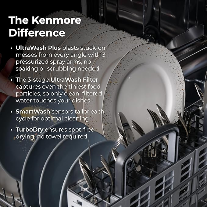 Kenmore 24" Built-In Dishwasher - Quiet Tub with TurboDry, Leak, & SmartWash Soil Detection - 15 Place Settings - 49 DBA - ENERGY STAR Certified - White