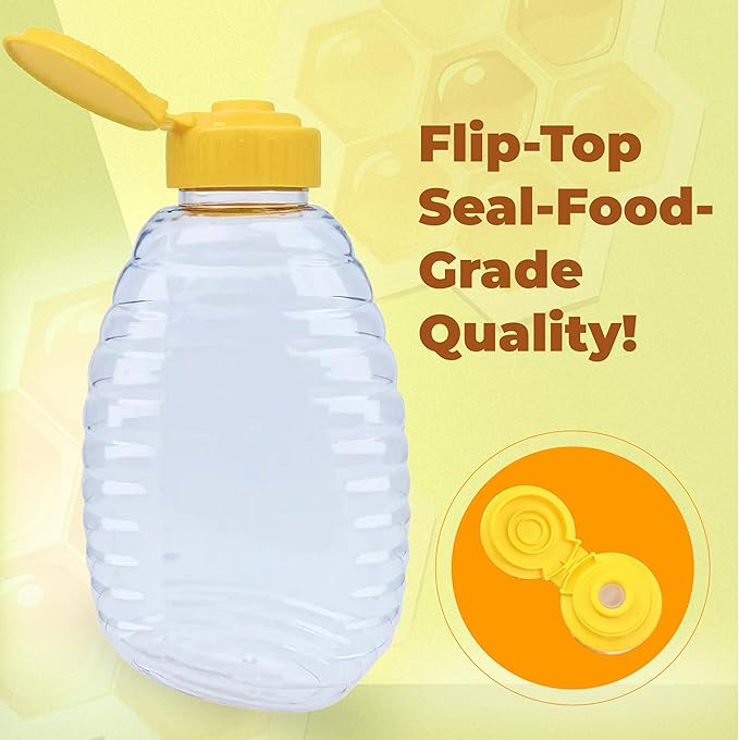Skywin TidyFriend Honey Bottles 32 oz – 10 Pack Empty Honey Squeeze Bottle with Flip Lid & Seal, Clear Plastic Beehive Design, PET Containers