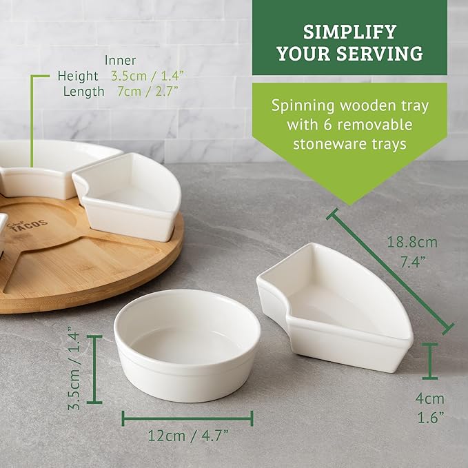 Ceramic Taco Serving Platter - Divided Serving Tray for Taco Tuesday Lazy Susan Taco Bar - Chip and Dip Serving Set for Party - Appetizer Serving Tray for Salsa, Snacks (13 in)