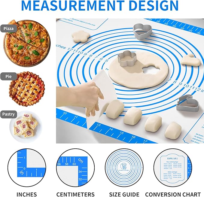 Silicone Pastry Mat for Dough Rolling, Silicone Baking Mat with Measurement for Baking Pie Crust, Pizza & Cookies, Non stick & Non Slip Silicone Mat, Blue 28X20INCH