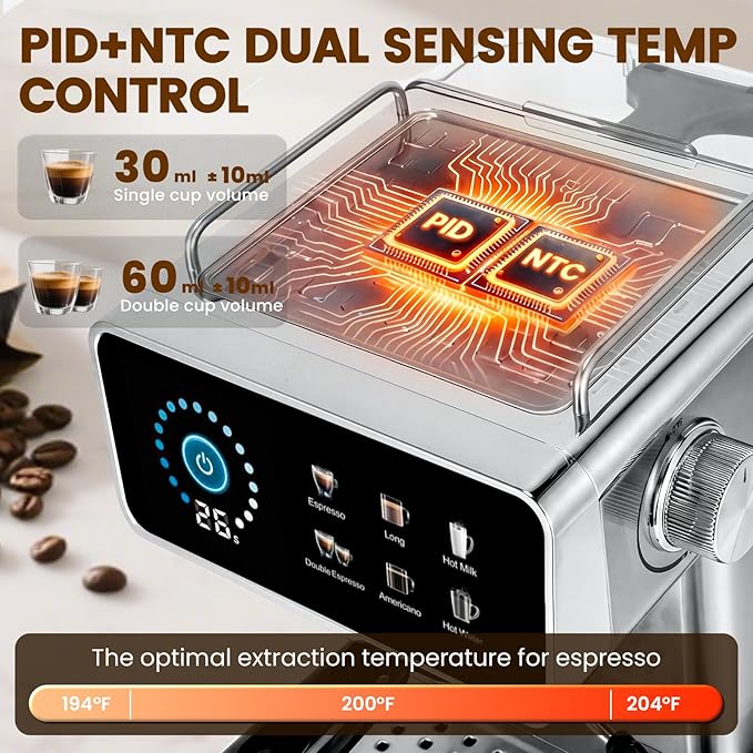 Touchscreen Espresso Machines with Timer 20 Bar Expresso Coffee Machines Professional Stainless Steel Coffee Maker with 51oz Water Tank for Latte Americano, Cappuccino Machine for Home Office
