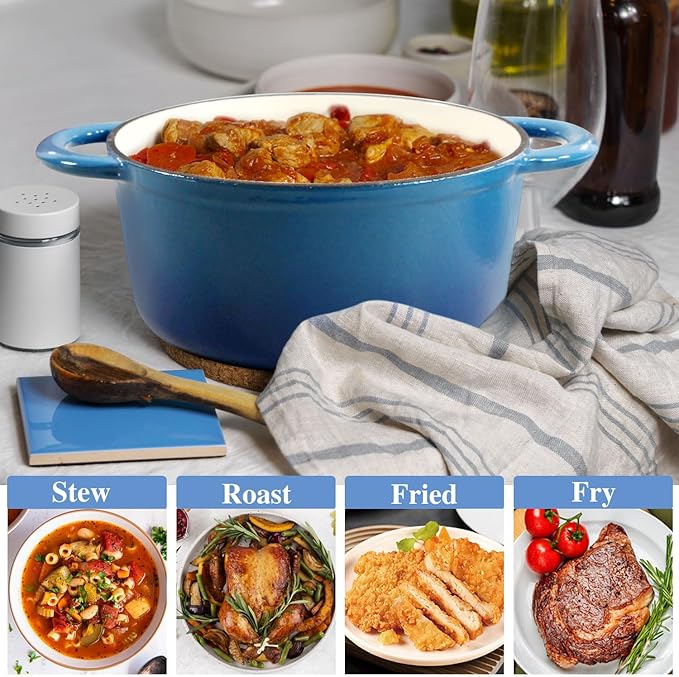 Enameled Cast Iron Dutch Oven with Lid, 3 Quart Heavy Duty Cookware Pot with Dual Handles for Bread Baking, Braising, Stews, Roasting and Oven Safe, Blue