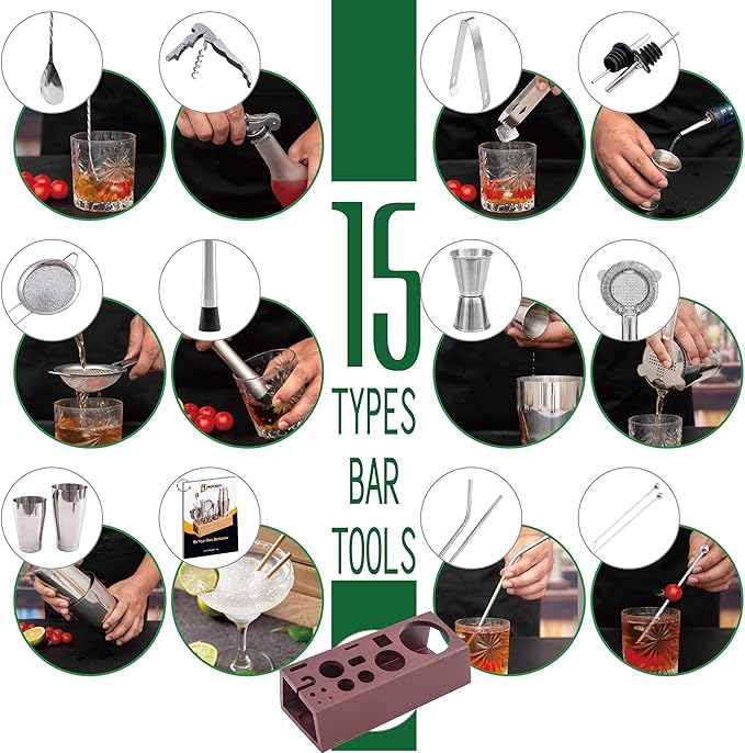 Cocktail Shaker Set Bartender Kit with Bamboo Stand, 15-Piece Stainless Steel Bar Set Accessories, Professional Bartending Kit Home Bar Tools Set with Recipes (Silver, Brown Stand)
