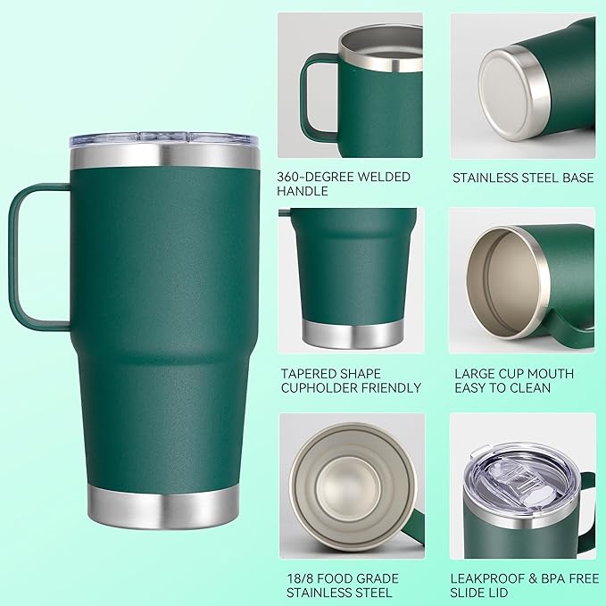 20 oz Stainless Steel Tumbler with Handle Metal Insulated Coffee Travel Mug with Handle Double Wall Tumbler Cup with Lid and Straw, Dark Green 1 Pack