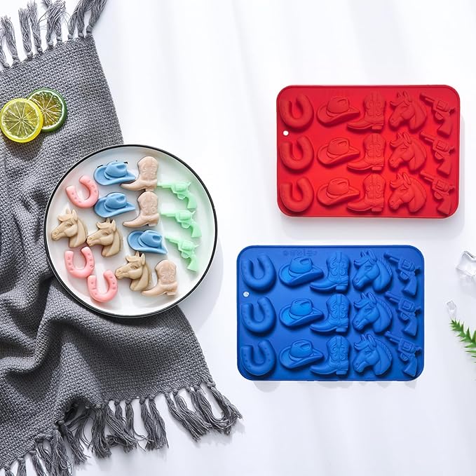 2Pcs Cowboy Chocolate Candy Molds - Cowboy Hat Boot, Horse Saddle Shape Silicone Candy Molds Western Themed Party Baking Mold Jello Ice Cube Candle Mold for Cupcake Cakesicle Decorations