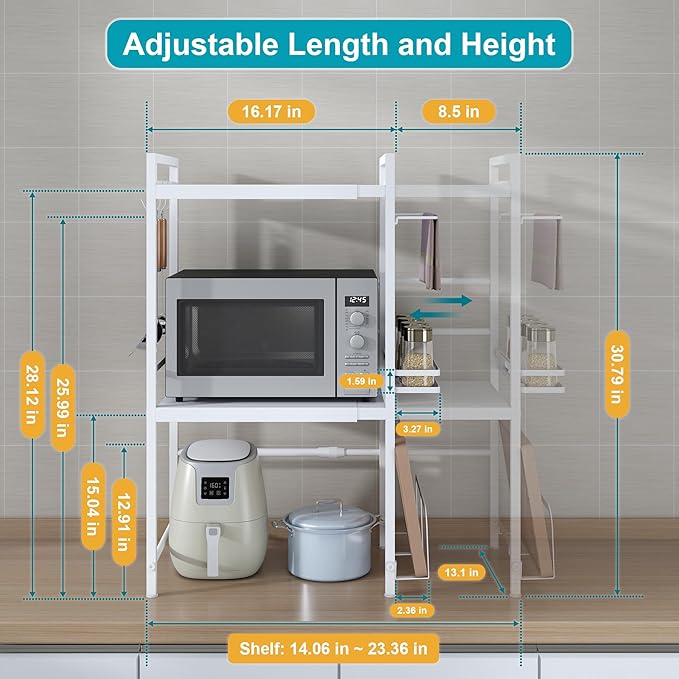 DOLALIKE Microwave Oven Rack, Expandable Microwave Stand Kitchen Countertop Organizer Utensils Storage, Carbon Steel Over Microwave Shelf with 3 Hooks (White, 3 Tier- With Storage)