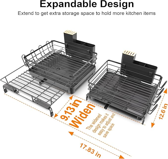 Runnatal Dish Drying Rack - Expandable Dish Rack, Large Drying Dish Drainer Over Sink with Drainboard, Utensil Holder & Cup Holder, Stainless Steel Dish Strainer for Kitchen Counter, Black
