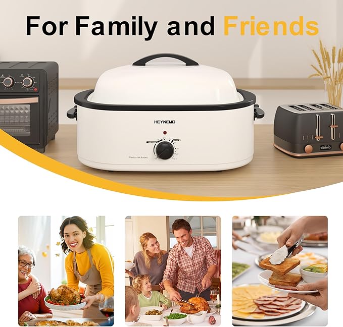 20 Quart Electric Roaster Oven with Self-basting Lid, Turkey Roaster Oven with Removable Pan and Rack, White