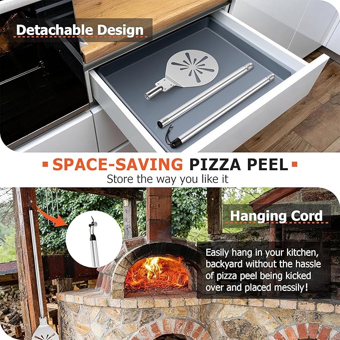 8 Inch Pizza Peel Turning, Joyfair Perforated Pizza Turner with Long Detachable Handle, Stainless Steel Spatula Paddle for Rotating Sliding, Metal Tools Oven Accessories, Easy Cleanup (SS Handle)
