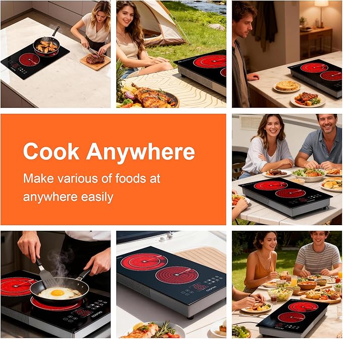 Dual Heating Coil Design of 2 Burner Electric Cooktop, 1800W Commercial Ceramic Infrared Cooking Hot Plate, Portable Countertop or Built-in Radiant Stove Top Cooker with WATT and TEMP Control