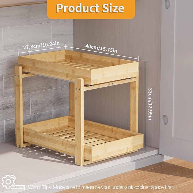 Bamboo Wood Under Sink Organizer 2 Pack, Pull Out Cabinet Organizer 2 Tier Under Sink Organizers and Storage with Sliding Drawer Sturdy Easy Assembly for Kitchen Bathroom Undersink, Natural