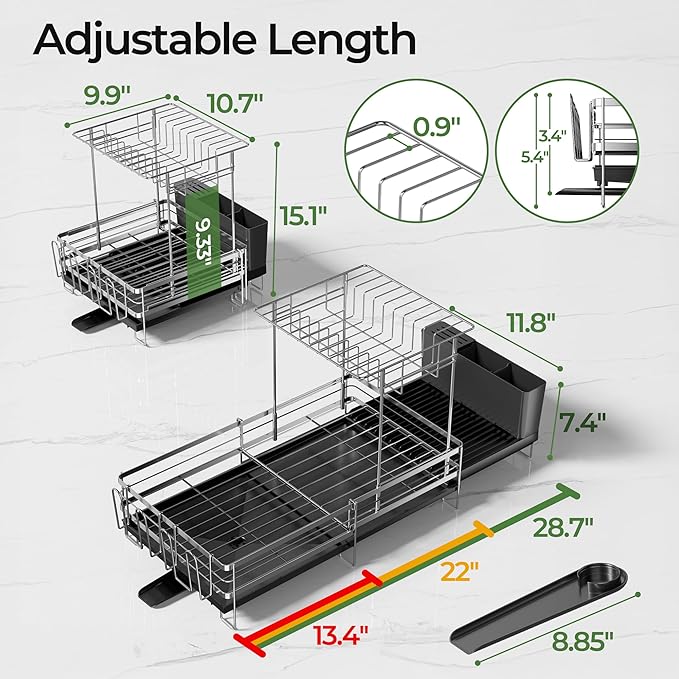Large 2 Tier Dish Drying Rack, Extendable Dish Rack, Stainless Steel Anti-Rust Dish Rack for Kitchen Counter, Multifunctional Dish Drainer with Utensil & Cup Holder, 13.4"-28.7" L x 11.8" W