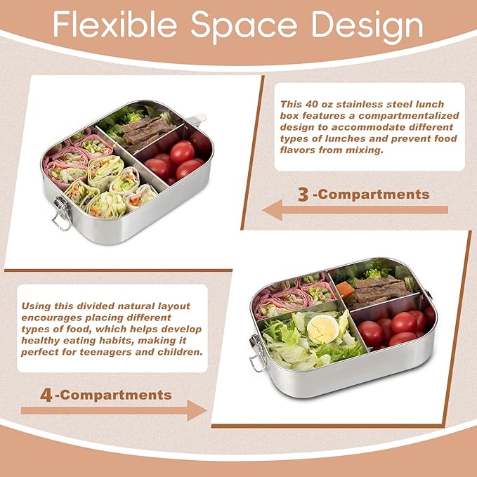GOLDEN KEY Leak-Proof Lunch Box for Adults & Kids - 40oz Large Capacity Stainless Steel Bento, 1200ml Metal Container with Lockable Clips, BPA-Free, Dishwasher Safe for Work Travel School