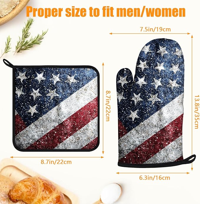 American Flag Oven Mitts and Pot Holders Sets 4Pcs Silicone Non-Slip Mitts Heat Resistant Gloves Hot Pads for Kitchen Cooking Baking Grilling BBQ