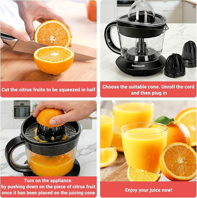 LUUKMONDE Electric Citrus Juicer, 24 oz. Orange Squeezer with 2 Reamers for Lemon & Grapefruit, Pressure Activated Auto-Reversing Juicer Machine, Quiet Motor, Black