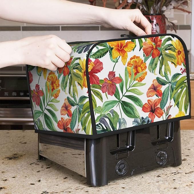 Tropical Flowers Covers for 4 Slice Toasters,Cute Country Bread Machine Cover with Handle,Washable Stain Resistant Kitchen Small Appliance Cover Dining Decor