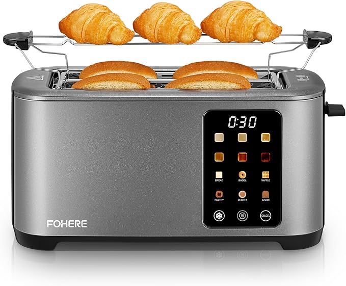 4 Slice Toaster Touch Screen Control, Long Extra Wide Slots Smart Bread Toaster, 6 Bread Types & 6 Shade Settings, Stainless Steel, with Removable Tray, Cancel/Defrost/Reheat Function, Grey