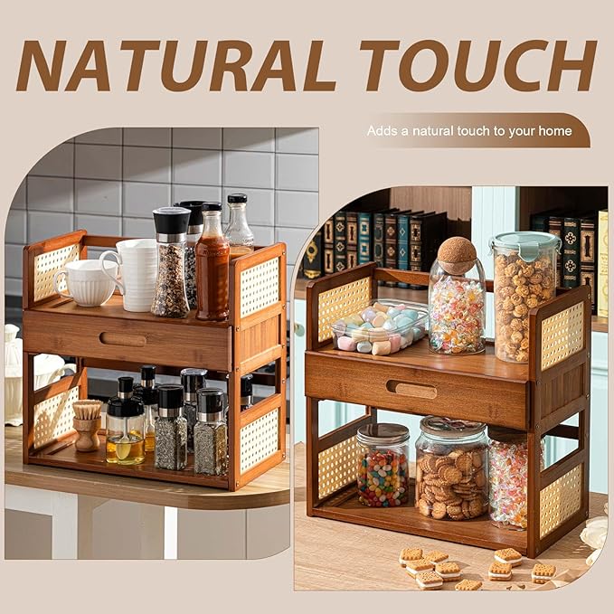Yalikop Matcha Station Organizer 2 Tier Bamboo Mug Stand Shelf with Hidden Drawer Home Coffee Station Organizer for Whisk Set Bowl Cup Kitchen Countertops Bars 15.75" x 7.87" x 15.35"(Brown)