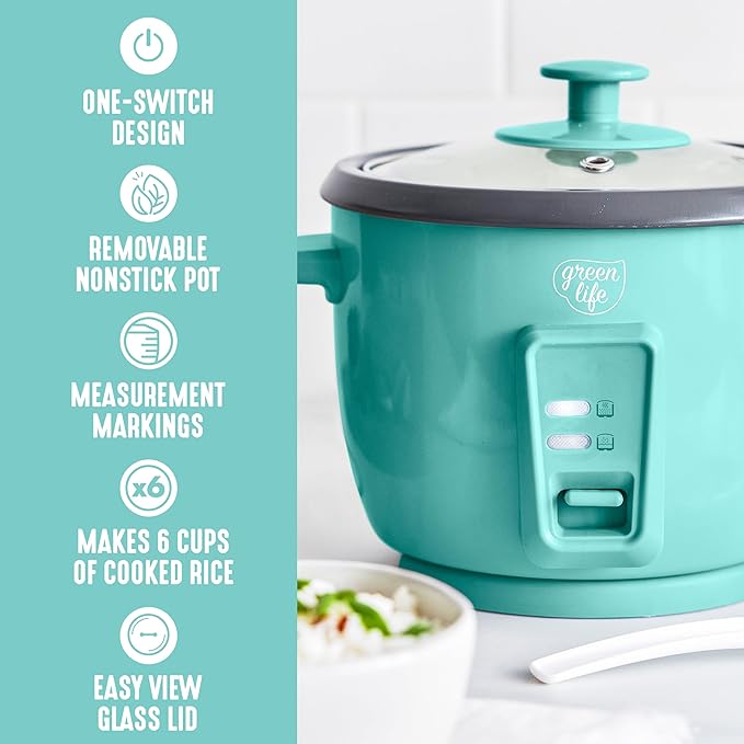 GreenLife Rice Cooker with Removable PFAS-Free Ceramic Nonstick Pot, 3-Cups Uncooked/6-Cups Cooked, Grains & Oatmeal Multicooker, Compact One-Switch Design, Auto Keep Warm, Easy Clean, Turquoise