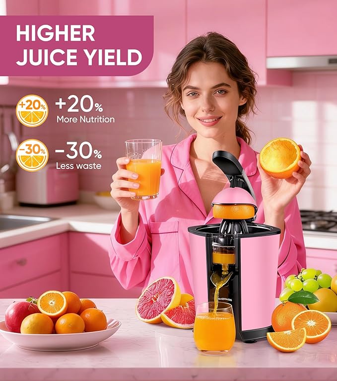 Electric Orange Juicer, Citrus Juicer Squeezer with 2 Cones and Soft Grip Handle for Effortless Juicing, Stainless Steel Quiet Orange Juice Extractor Machines for Lime Grapefruit Lemon, Pink