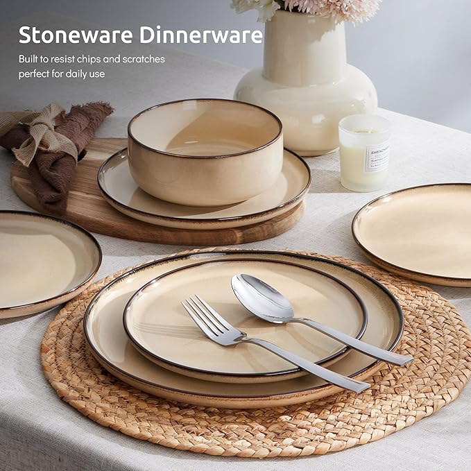 E-far 24-Piece Plates and Bowls Set, Stoneware Dinnerware Sets for 8, Reactive Glaze Ceramic Dinning Ware Dishes, Microwave & Dishwasher Safe - Sandy Beige