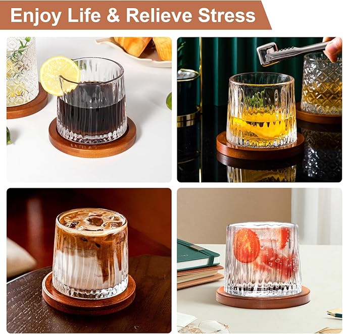 Rotatable Old Fashioned Glass Cup, 275ml/10oz Crystal Whiskey Glass Set of 2, Wood Coaster, Thickening, Used as Rum Glass Cup, Cocktail, Coffee, Milk to Relax and Reduce Stress, Christmas gifts